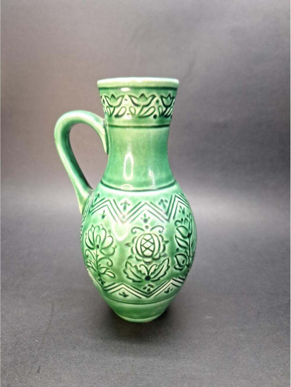 Vintage 1970s Ceramic Pitcher Bulbous Body Narrow Neck Flower Green 6" Tall.